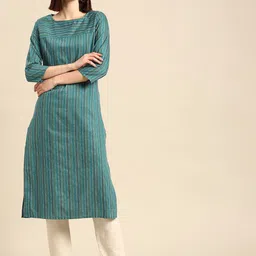 Anouk Women Teal Green Striped Thread Work Yarn Dyed Kurta-picture-20