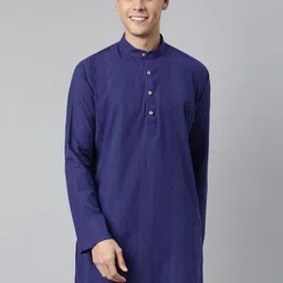 TATTVA Men Navy Blue Woven Design Long Sleeves Short Pure Cotton Kurta-picture-13