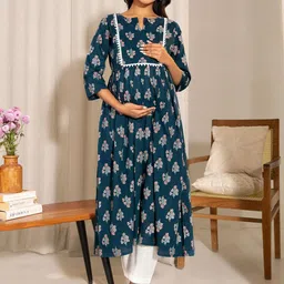 Janasya Floral Printed Notch Neck A-Line Maternity Kurta-picture-30