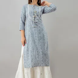 HERE&NOW Blue & White Bandhani Printed Gotta Patti Straight Kurta-picture-17
