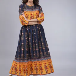 Vishudh Women Navy Blue & Mustard Yellow Floral Printed A-Line Kurta-picture-40