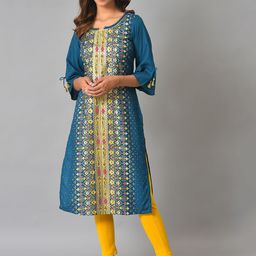 AURELIA Women Blue & Yellow Ethnic Motifs Printed Kurta-picture-21