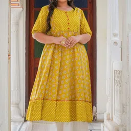 KALINI Plus Size Ethnic Motifs Printed Round Neck Cotton Anarkali Kurta image 1