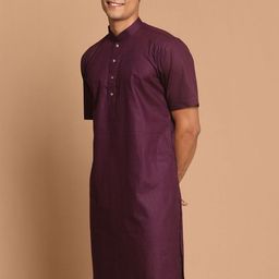 VASTRAMAY Men Purple Solid Cotton Linen Blend Kurta-picture-8