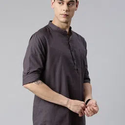 Kryptic Men Dark Grey Solid Cotton Mandarin Collor Short kurta-image-34