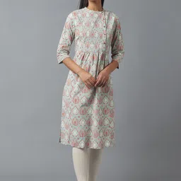 W Women Green Ethnic Motifs Printed Flared Sleeves Mirror Work Kurta image 1