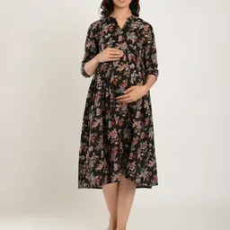 CRAFIQA Black Floral Maternity & Nursing Cotton Dress-picture-32