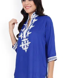 CRAFTBAZAR  Floral Embroidered Thread Work Mandarin Collar A-Line Kurti-picture-29