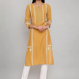 W Women Yellow Geometric Yoke Design Keyhole Neck Thread Work Kurta-picture-40