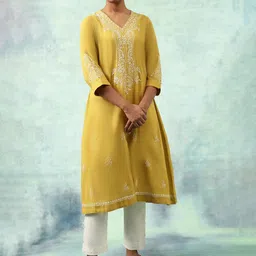Folk Song Folksong Collection Thread Work Embroidered Yoke Design Pure Cotton A-Line Kurta-image-7
