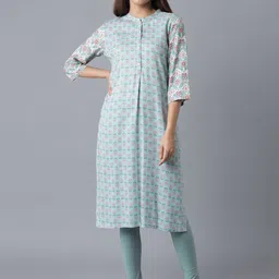 W Women Blue Geometric Checked Flared Sleeves Thread Work Kurta image 1