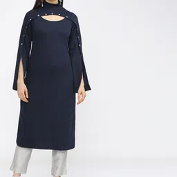 Vishudh Women Navy Blue Flared Sleeves Thread Work Kurta-picture-34
