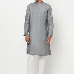 Fabindia Men Grey & high rise Striped Thread Work Kurta image 1