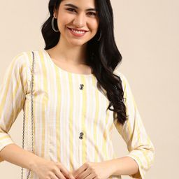 SHOWOFF Women Yellow Striped Thread Work Kurta-picture-28