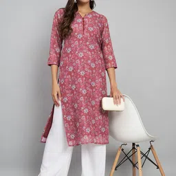 Label Khoj Floral Printed Linen Straight Kurta-image-0