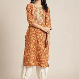 Varanga Women Mustard Yellow & Red Ethnic Motifs Printed Gotta Patti Kurta-image-93