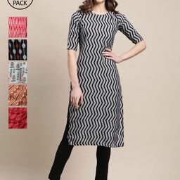 7Threads Women Black & Red Pack of 6 Floral Printed Crepe Kurtas-picture-34