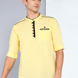 Kuons Avenue Linen Cotton Mandarin Collar Roll Up Sleeves Pathani Short Straight Kurta-picture-28