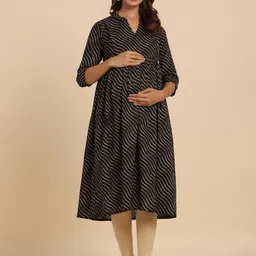 CRAFIQA Striped Mandarin Collar Pure Cotton Maternity Anarkali Kurta-picture-37