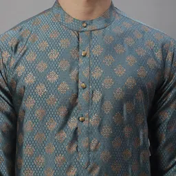 Anouk Grey Mandarin Collar Woven Design Silk Cotton Kurta image 5