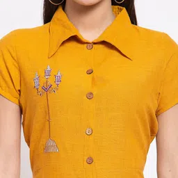 SVARCHI Women Mustard Yellow Cotton Thread Work A-Line Kurta image 2
