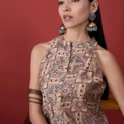 Anouk Peach Bandhani Printed Mandarin Collar Zari detail A-Line Kurta image 5