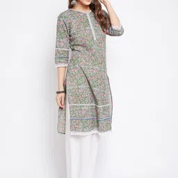 Imfashini Women Blue Floral Printed Block Print Lace Detail Kurta image 3