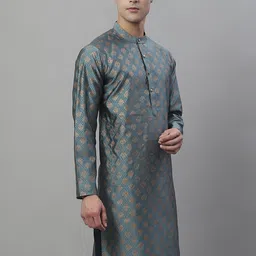 Anouk Grey Mandarin Collar Woven Design Silk Cotton Kurta image 3