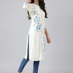 AURELIA Women Beige Printed Flared Sleeves Thread Work Kurta image 3