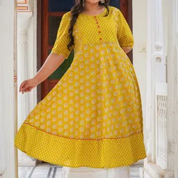 KALINI Plus Size Ethnic Motifs Printed Round Neck Cotton Anarkali Kurta image 3