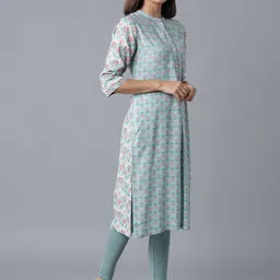 W Women Blue Geometric Checked Flared Sleeves Thread Work Kurta image 3