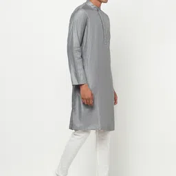 Fabindia Men Grey & high rise Striped Thread Work Kurta image 3