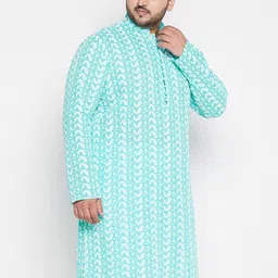 VASTRAMAY Plus Size Men Sea Green & White Geometric Embroidered Chikankari Kurta image 2