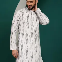 Armaan Ethnic Mandarin Collar Dyed Block Print Pure Cotton Pathani Kurta image 3