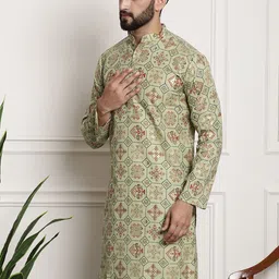 SOJANYA Men Green & White Ethnic Motifs Printed  Cotton Linen Kurta image 3