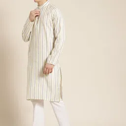 SOJANYA Men Cream-Coloured & Blue Pure Cotton Striped Kurta image 2