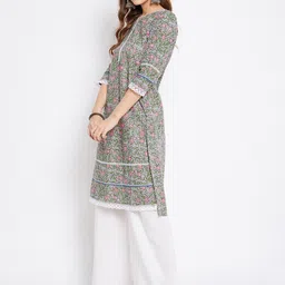 Imfashini Women Blue Floral Printed Block Print Lace Detail Kurta image 4