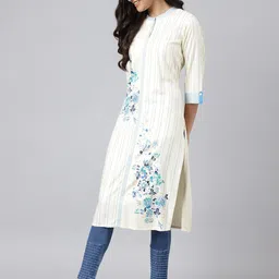 AURELIA Women Beige Printed Flared Sleeves Thread Work Kurta image 4
