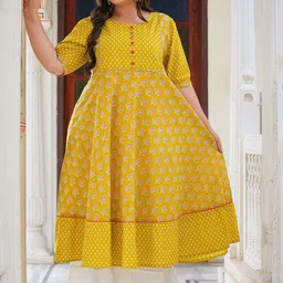 KALINI Plus Size Ethnic Motifs Printed Round Neck Cotton Anarkali Kurta image 4