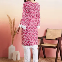 Inddus Floral Printed Thread Work Straight Kurta image 4