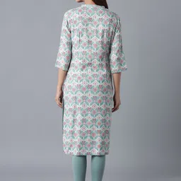 W Women Blue Geometric Checked Flared Sleeves Thread Work Kurta image 4