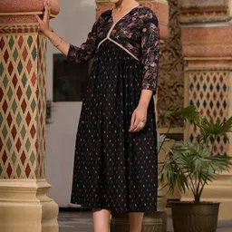 Label Khoj V Neck Ethnic Motifs Printed A-Line Kurta image 4