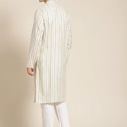 SOJANYA Men Cream-Coloured & Blue Pure Cotton Striped Kurta image 5