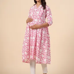CRAFIQA Floral Printed Mandarin Collar Maternity Pure Cotton Kurta image 2