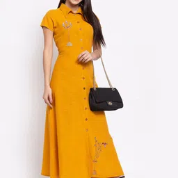 SVARCHI Women Mustard Yellow Cotton Thread Work A-Line Kurta image 5