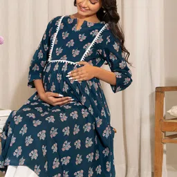 Janasya Floral Printed Notch Neck A-Line Maternity Kurta image 4