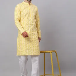 Jompers Men Yellow Floral Embroidered Kurta image 5