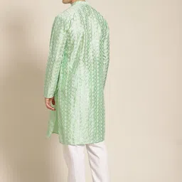 SOJANYA Men Sea Green & White Ethnic Motifs Embroidered Kurta image 3