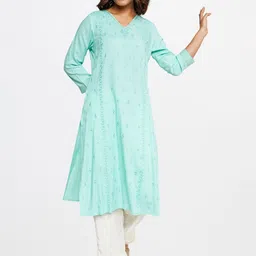 Global Desi Women Green Ethnic Motifs Chikankari Kurta image 5