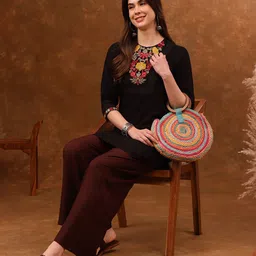 Anouk Floral Yoke Design Thread Work Straight Kurta image 2